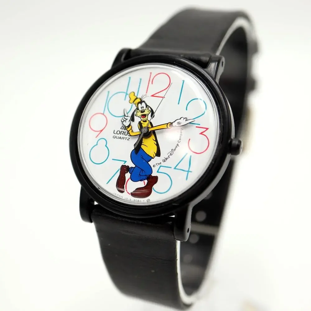 Vintage Lorus Seiko Disney Goofy 35mm Watch Black Leather V515-8030 New Battery